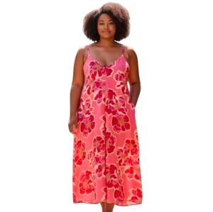 Loft Texured Floral Linen Blend Shift Midi Sundress Dress Fresh Guava Size 12